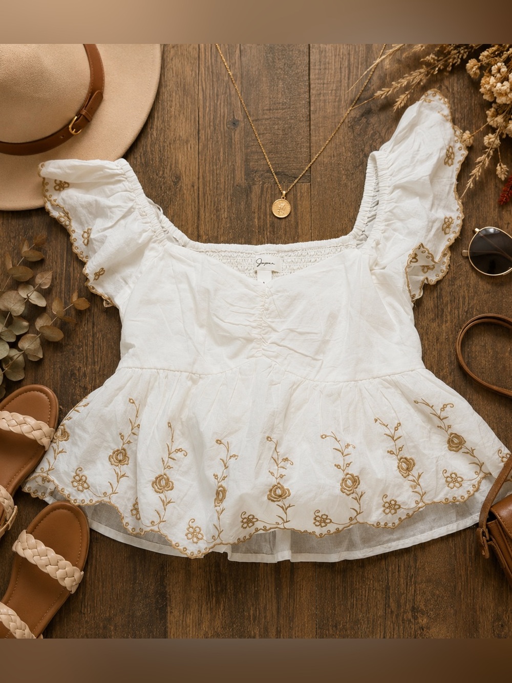 Japna White Gold Floral Embroidered Peplum Blouse Flutter Sleeve Large